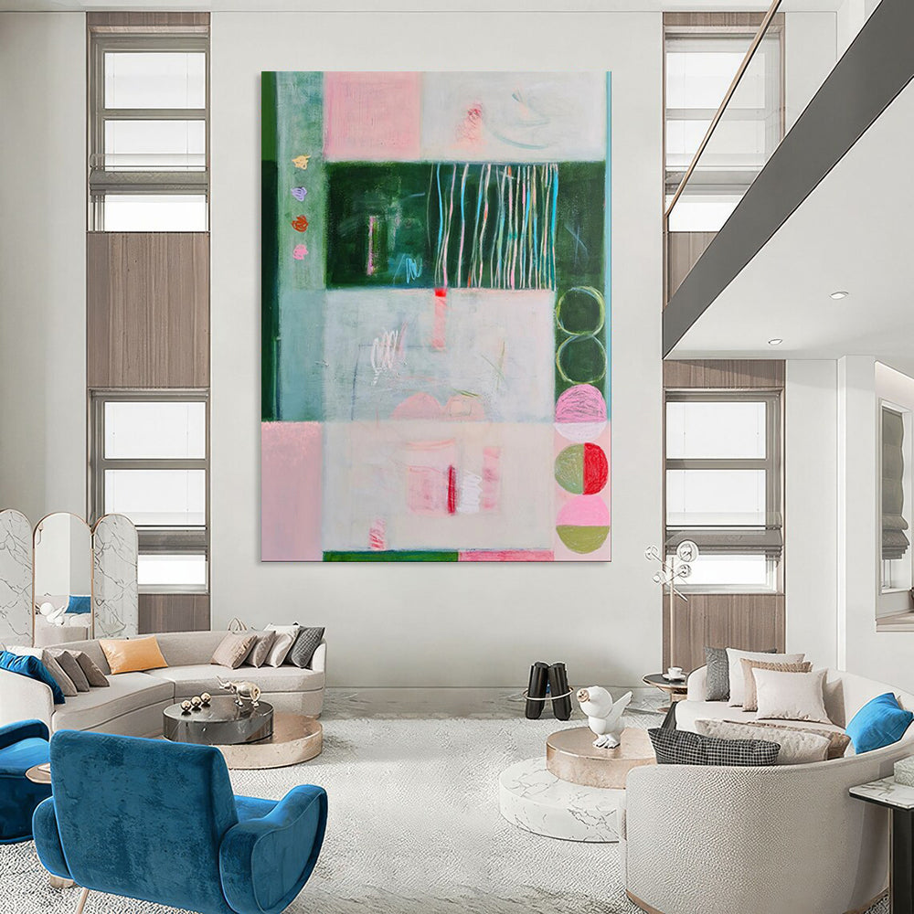 Pink, Green, Geometric Forms - "Soft Structure" - Abstract Geometric Painting CT1852
