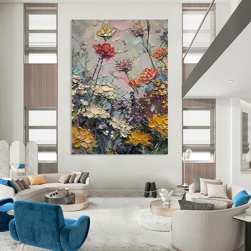 “Textured Colorful Flower Garden” – Impasto Floral Oil Painting On Canvas CT2142
