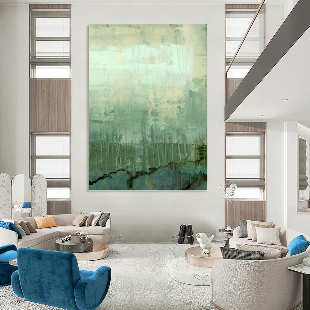 “Green - Blue Abstract Landscape” - Green, Blue & Gray Textured Painting On Canvas DKH0952