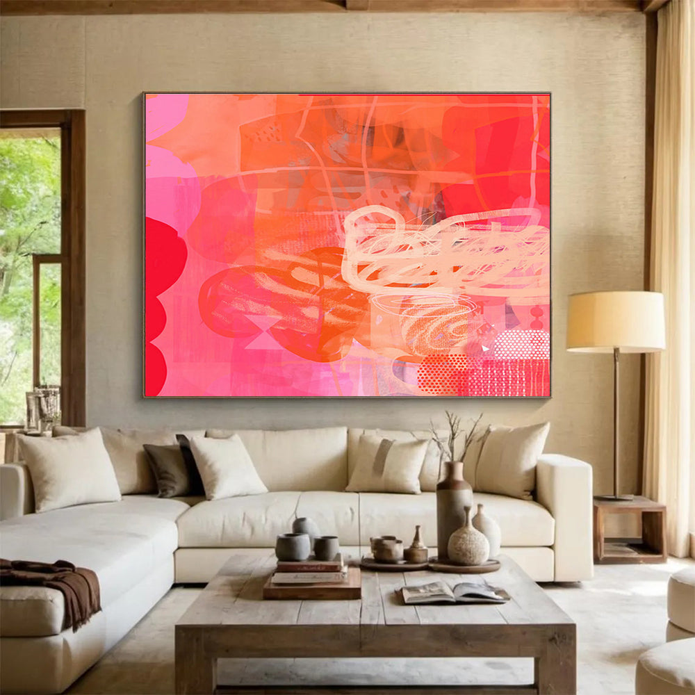 Pink and Orange Abstract - Bold Hues and Expressive Marks Painting On Canvas DKH067