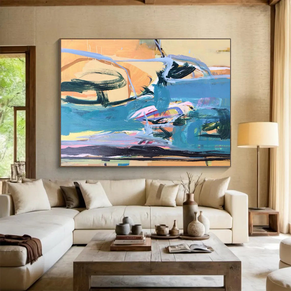 “Blue, Orange, Pink Coastal ‘Sunset Surf’” - Abstract Seascape Painting On Canvas DLZ007