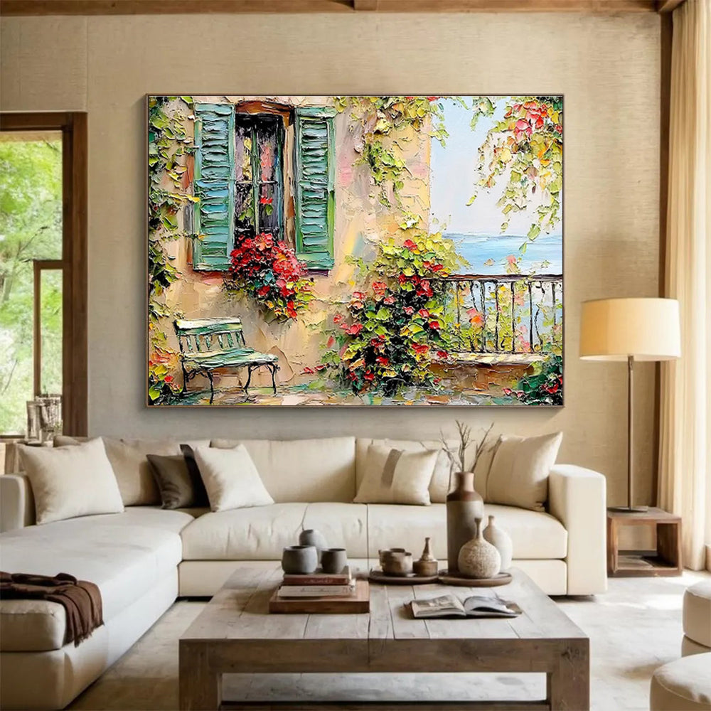 “Mediterranean Escape” - Green, Yellow, Red Floral & Architectural Oil Painting On Canvas DKH692