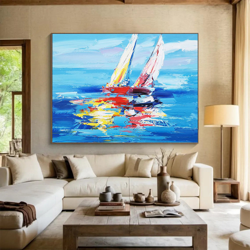 “Vibrant Sailboats at Sea” - Blue, Red & Yellow Impressionist Nautical Painting On Canvas DLZ266