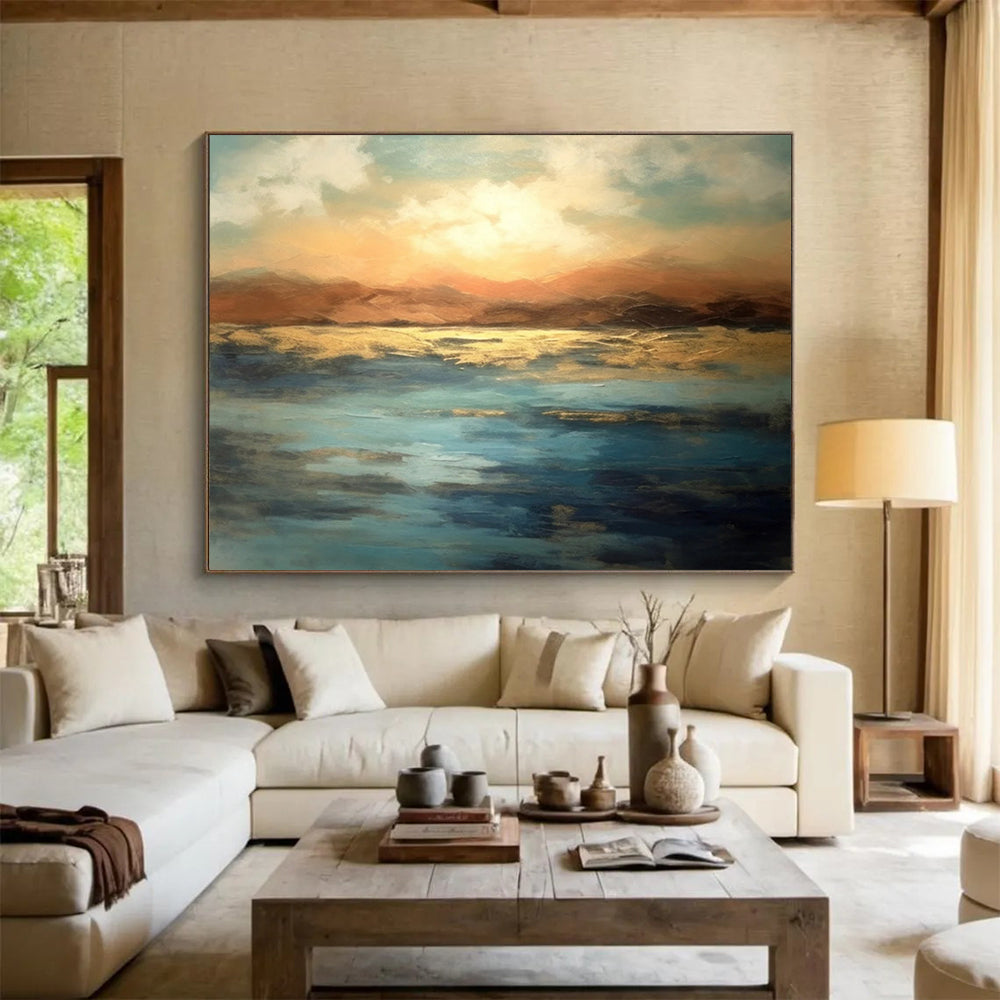 “Sunset - Colored Lake And Mountains” Abstract Landscape Painting On Canvas DLZ055