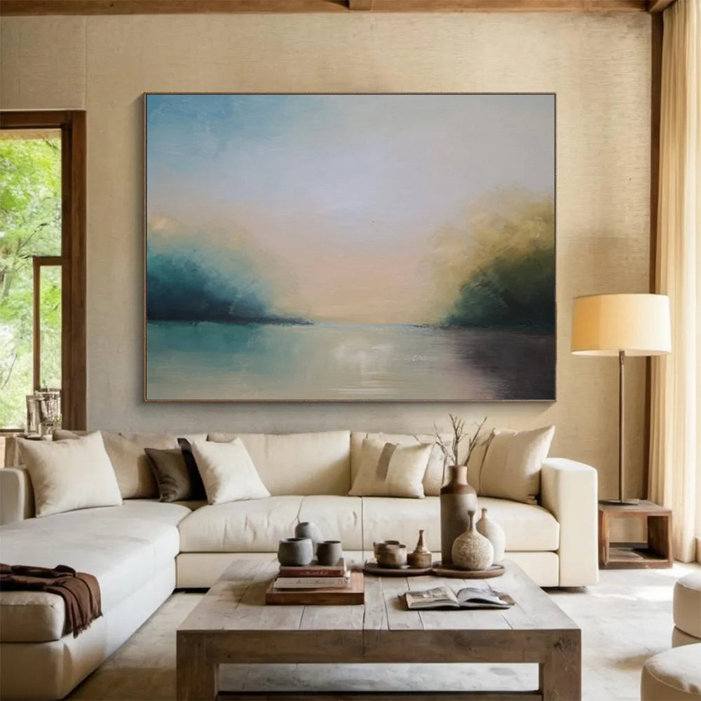 “Blue, Green, Soft - Toned ‘Tranquil River’” - Abstract Landscape Painting On Canvas DLZ014