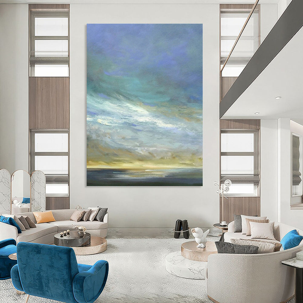 “Sky & Sea in Lighter Hues” - Blue, Beige & White Impressionistic Painting On Canvas DKH0954