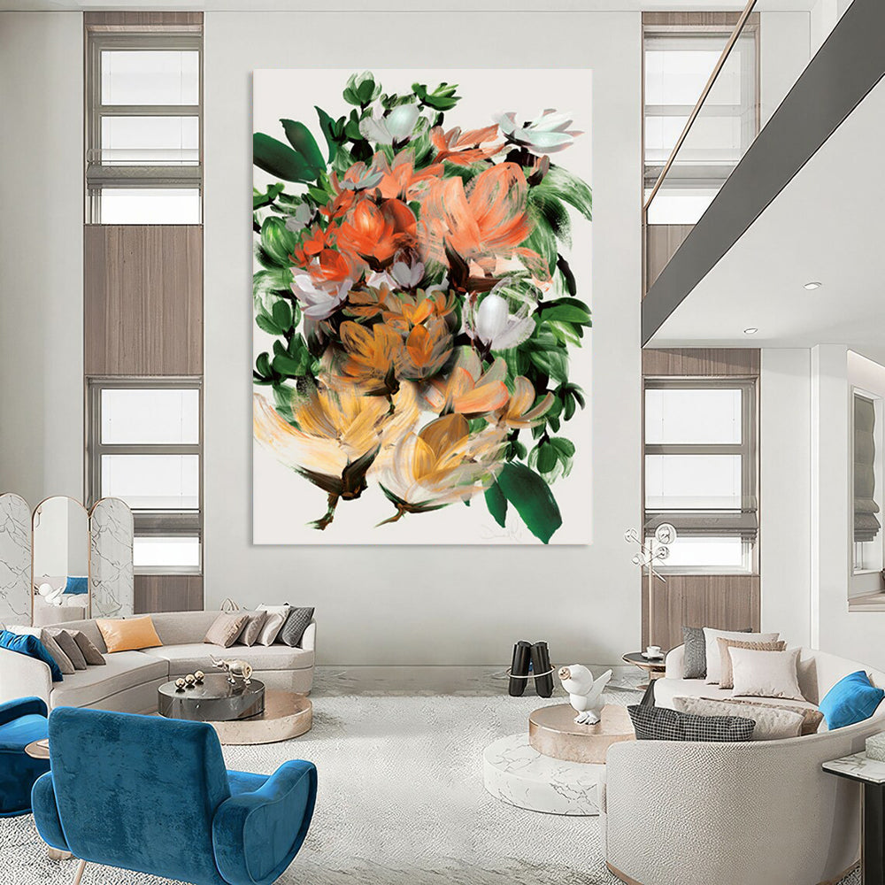 “Lush Floral Bouquet” - Orange, Green, White Abstract Painting On Canvas DTP217