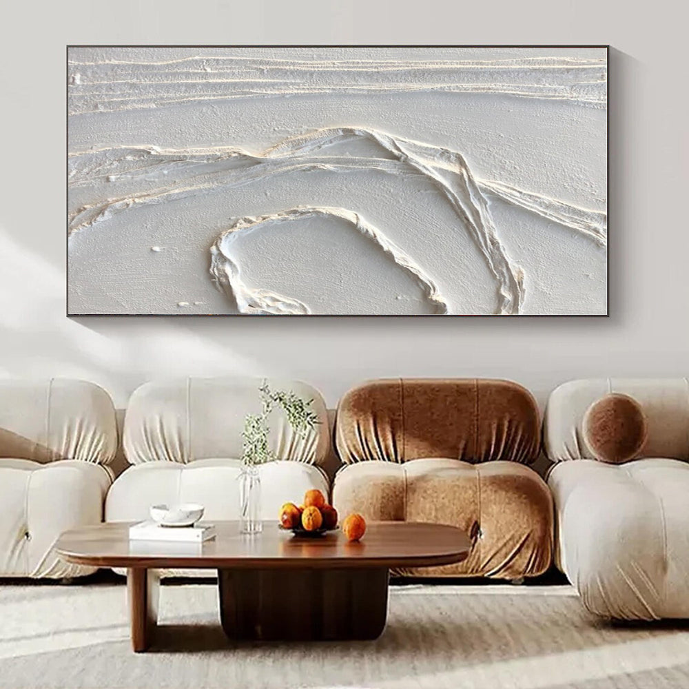 White Textured Curved Abstraction - Minimalist Textured Acrylic On Canvas CT1348