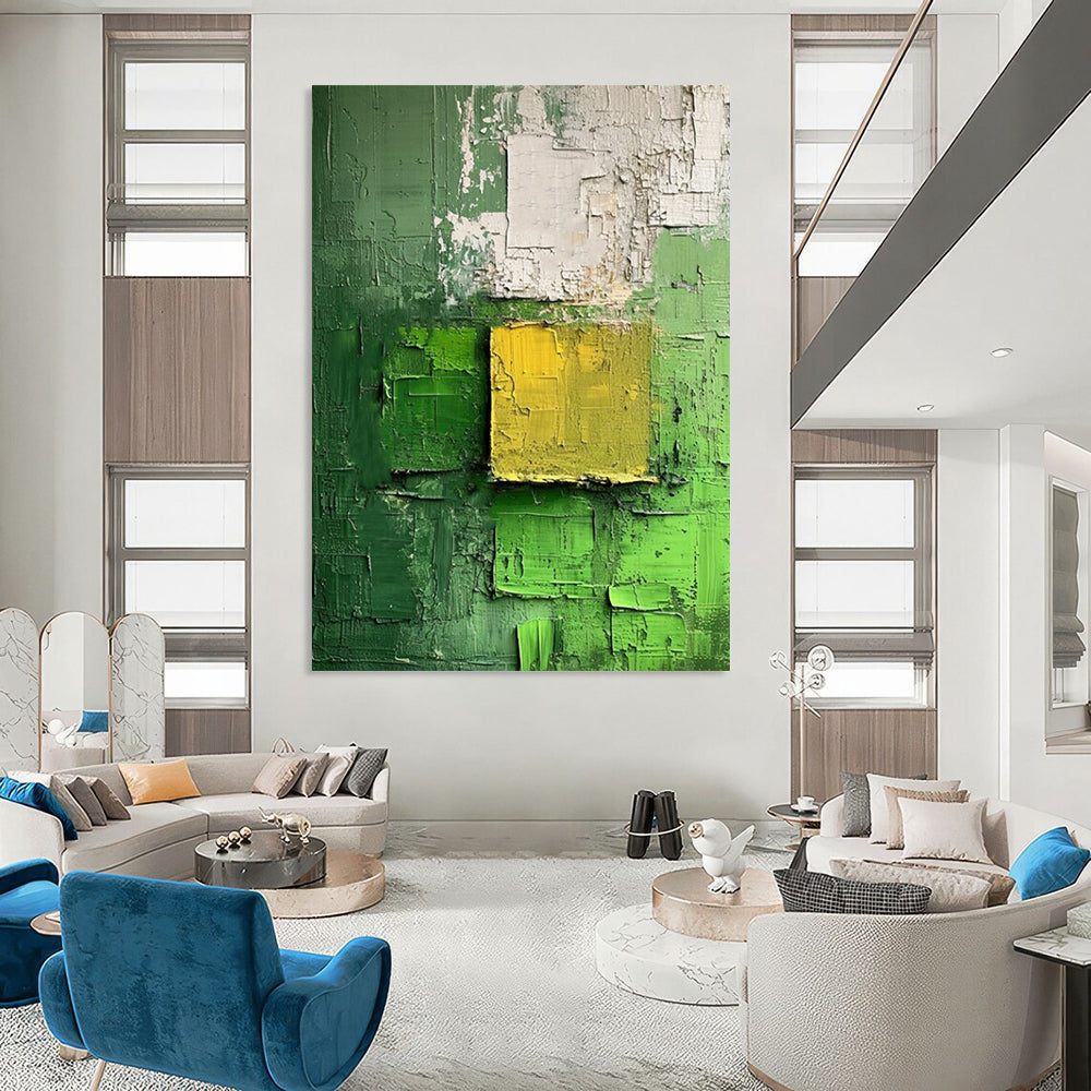 “Green - Yellow Textured Squares” - Impasto Abstract Painting On Canvas DTP029