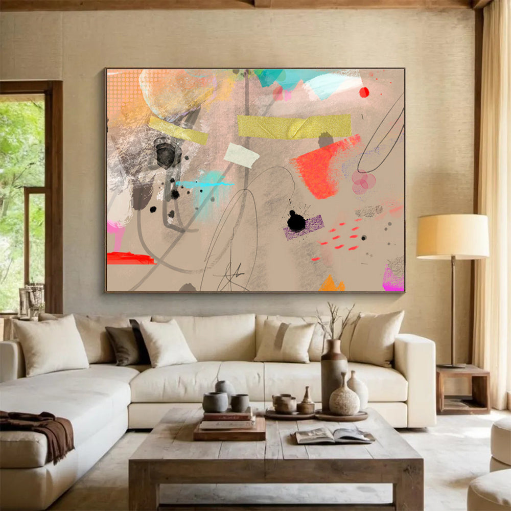 Eclectic Ink & Color Beige Colorful Splashes & Lines Painting On Canvas DKH204