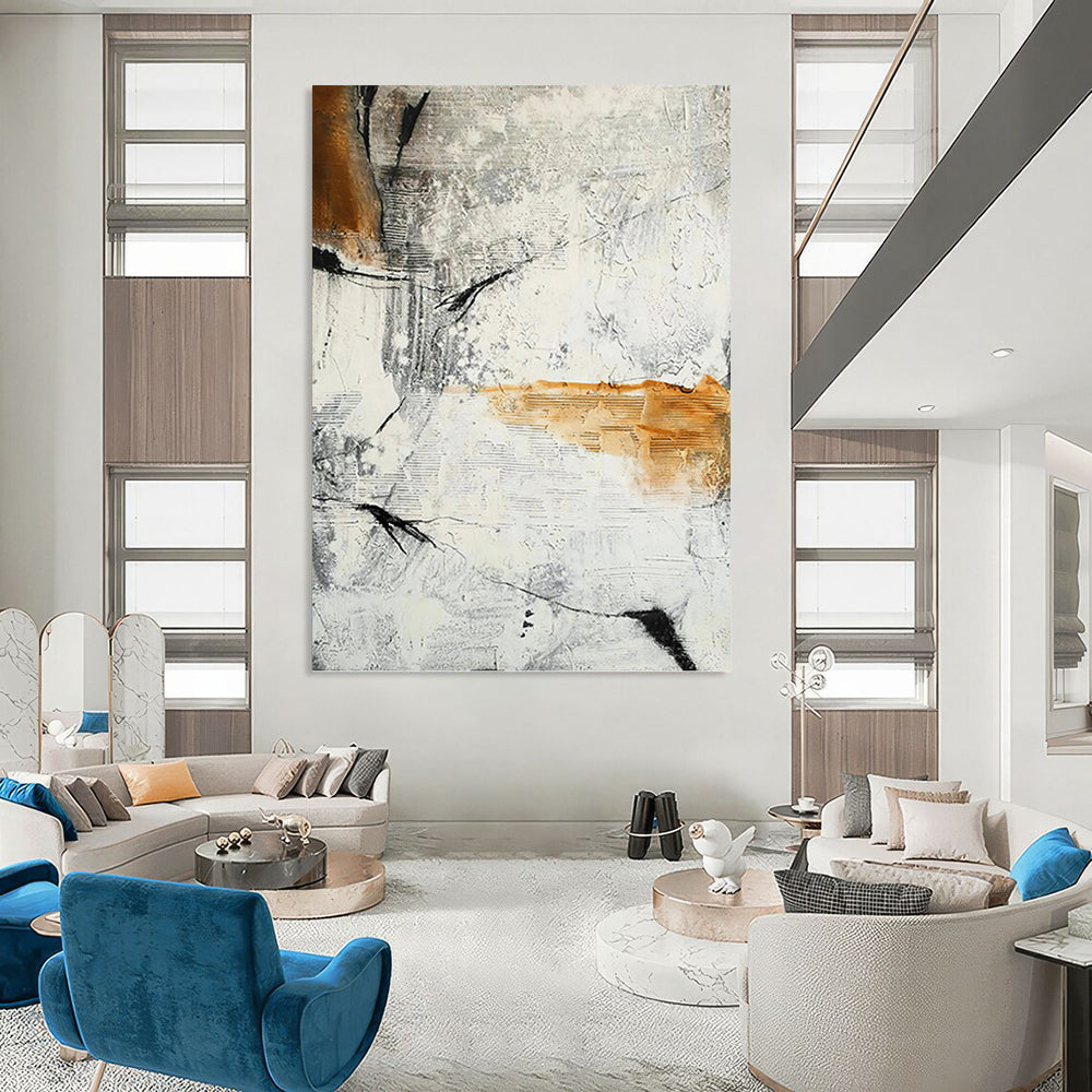 Abstract Textures in Gray, White, and Orange - Abstract Painting On Canvas DKH1438