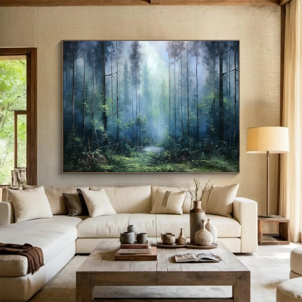 “Misty Forest Path - Cool Blue & Green Landscape Painting On Canvas” DKH869