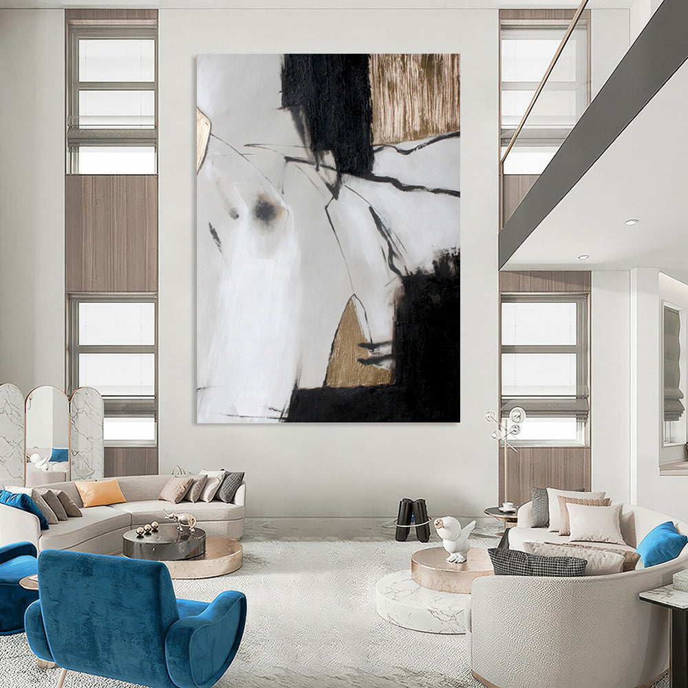“Black, White & Gold Abstract Lines” - Black, White & Gold Minimalist Painting On Canvas DKH1005