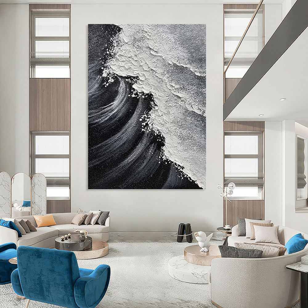 “Black & White Wave Textures” - Minimalist Seascape Painting On Canvas DKH1658