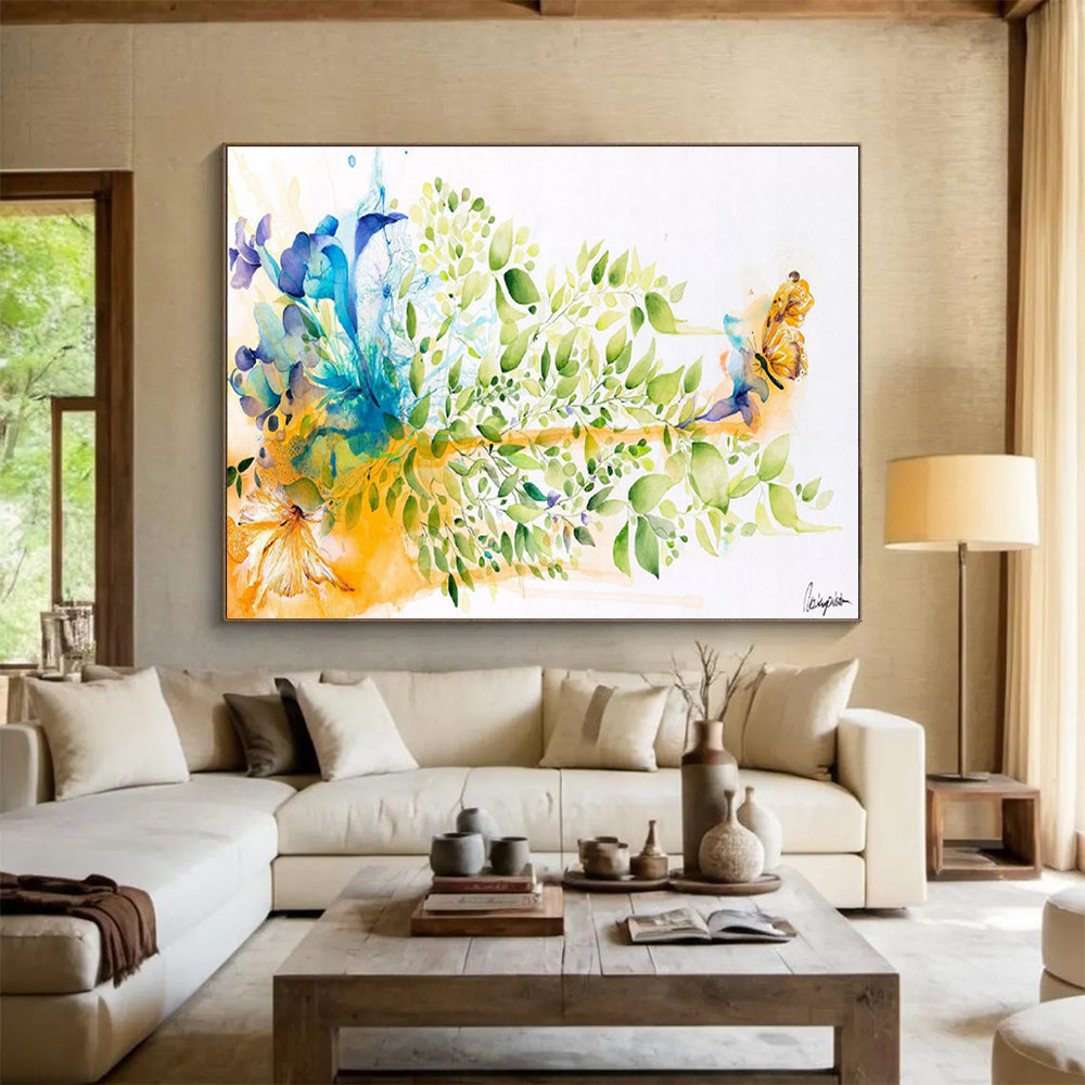 “Vibrant Floral and Butterfly” Watercolor - Style Nature Painting On Canvas DKH537