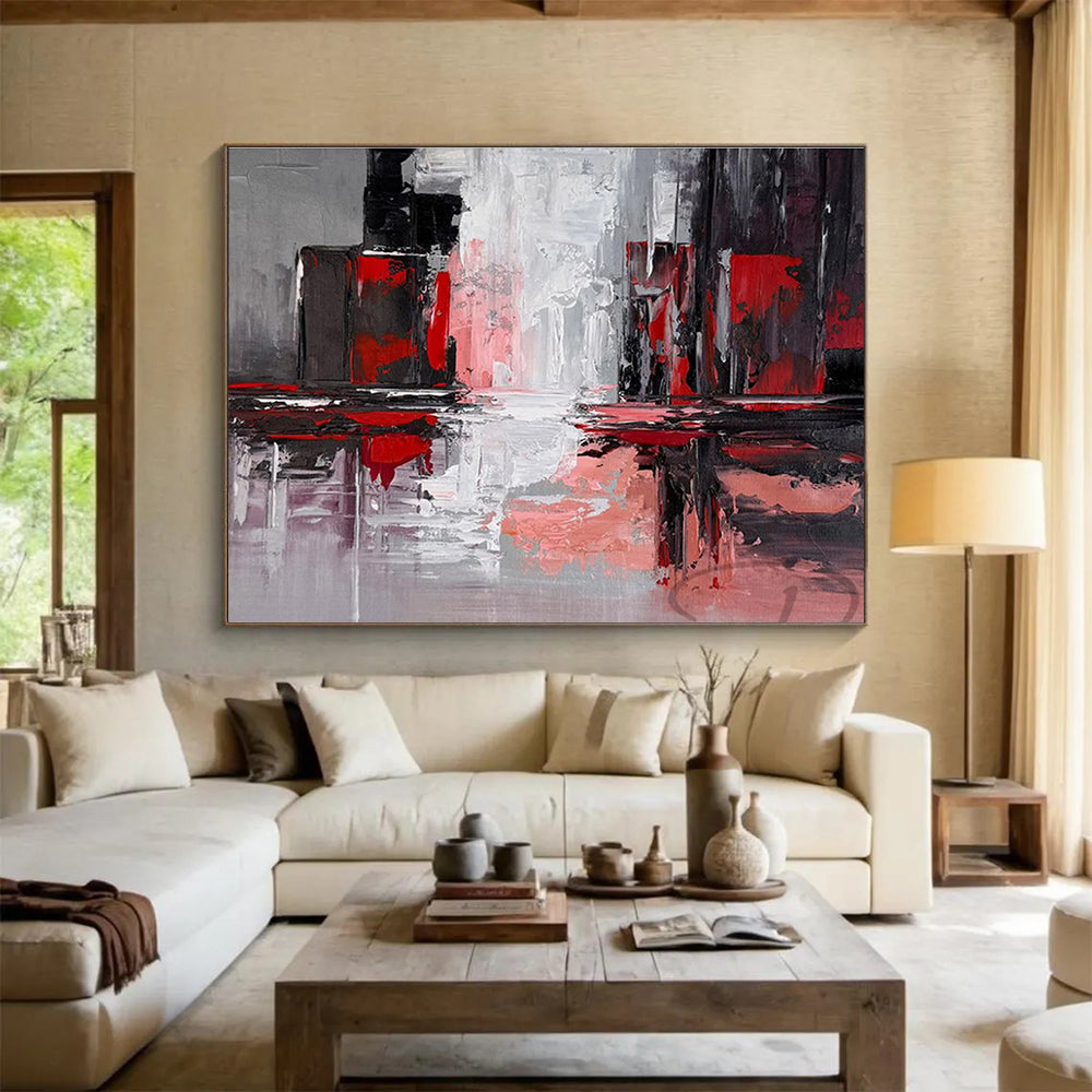 Red and Gray Urban Reflections Cityscape Inspired Abstract Painting On Canvas DKH263