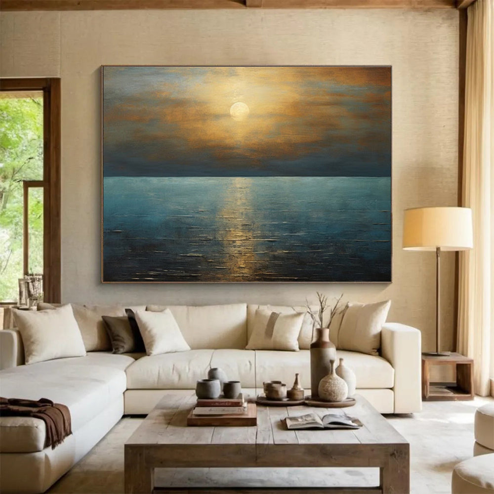 Golden Sunset and Blue Ocean “Serene Solar Reflections” Painting On Canvas DKH102