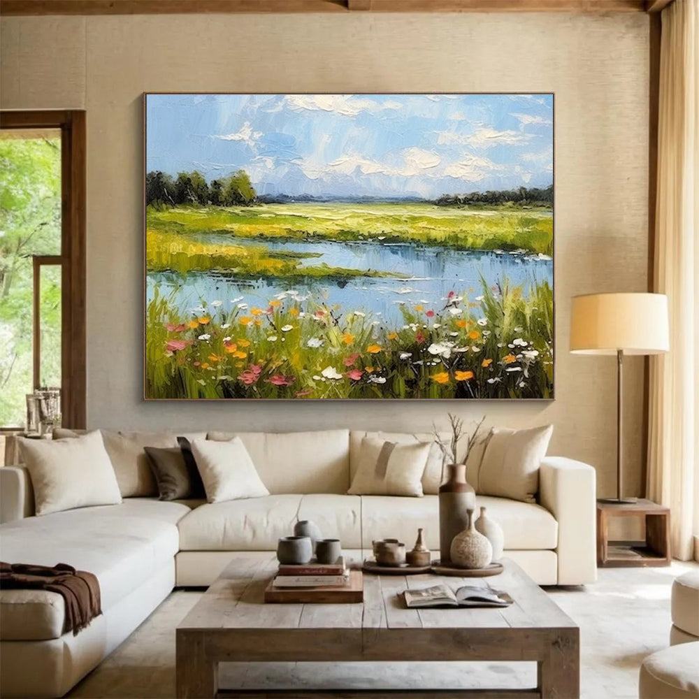 Colorful Meadow and Lake Landscape Painting On Canvas DKH271