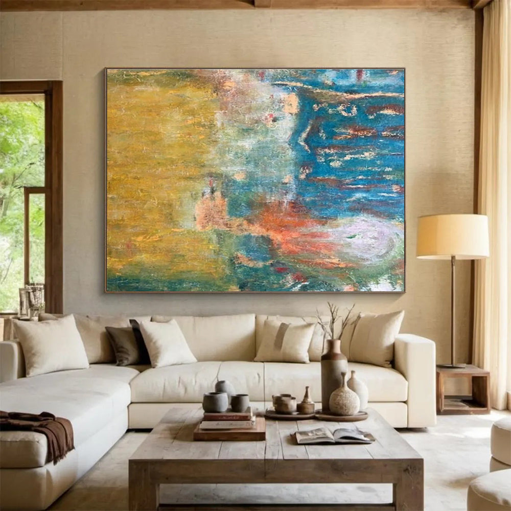 “Warm - Cool Fusion” - Yellow, Blue, Green Abstract Oil Painting On Canvas DKH721