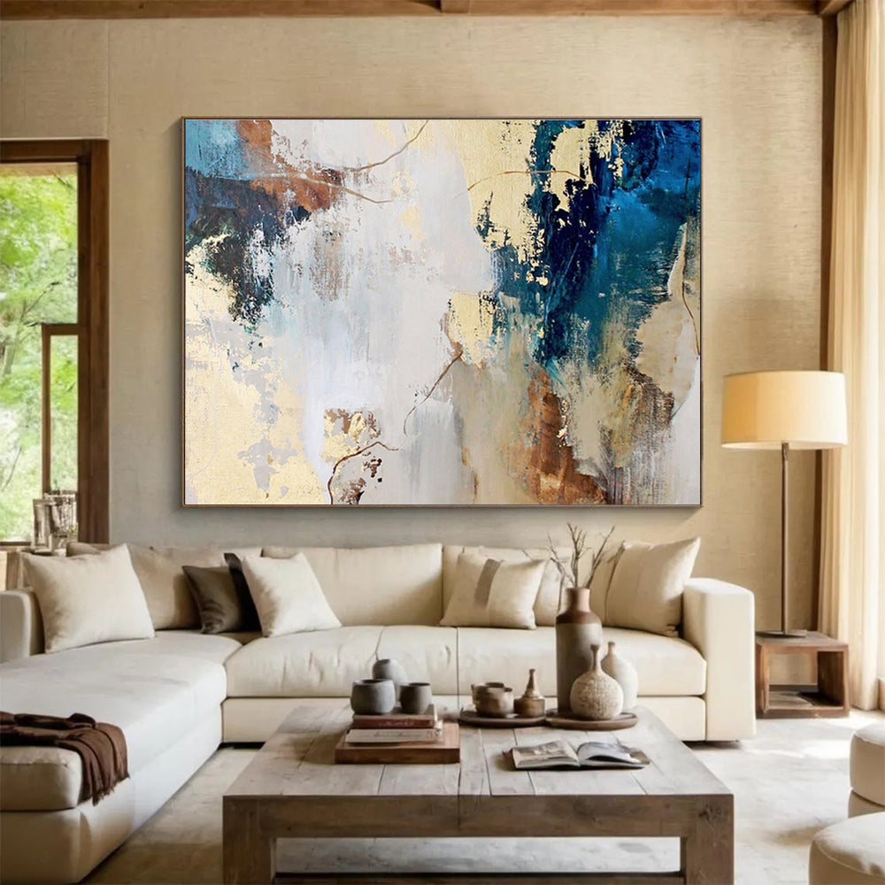 Brown, Blue, and Gold Abstract “Earthly Elegant Abstraction” Painting On Canvas DKH130