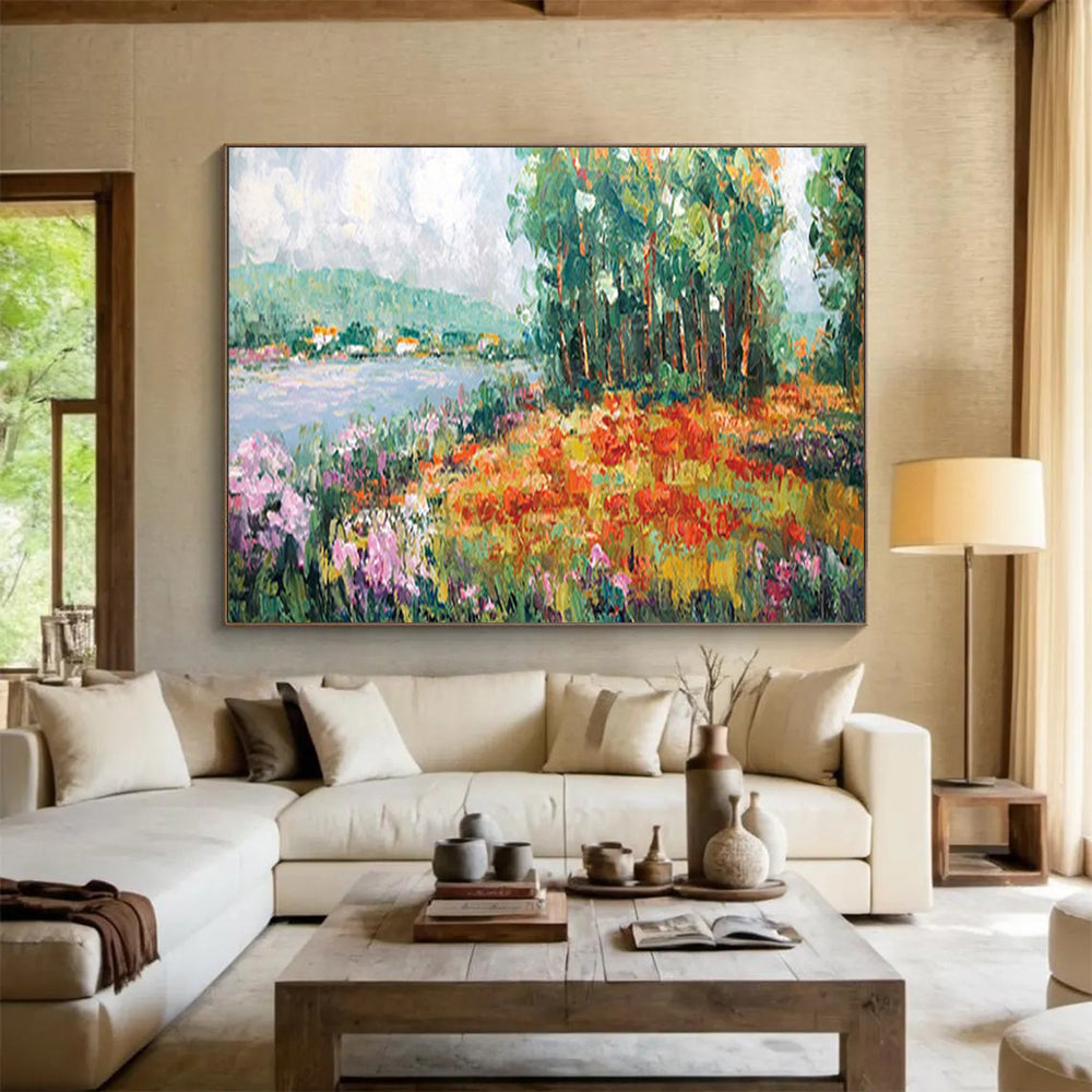Colorful Riverbank Flowers - Impressionist Landscape Painting On Canvas DLZ228