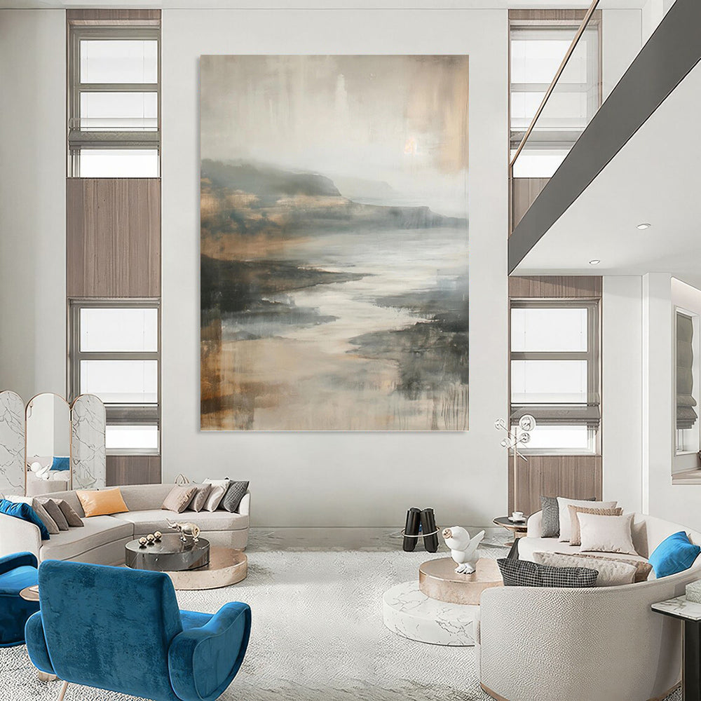 “Muted Tonal Landscape” - Gray, Brown & Beige Impressionistic Seaside Painting On Canvas DKH1001