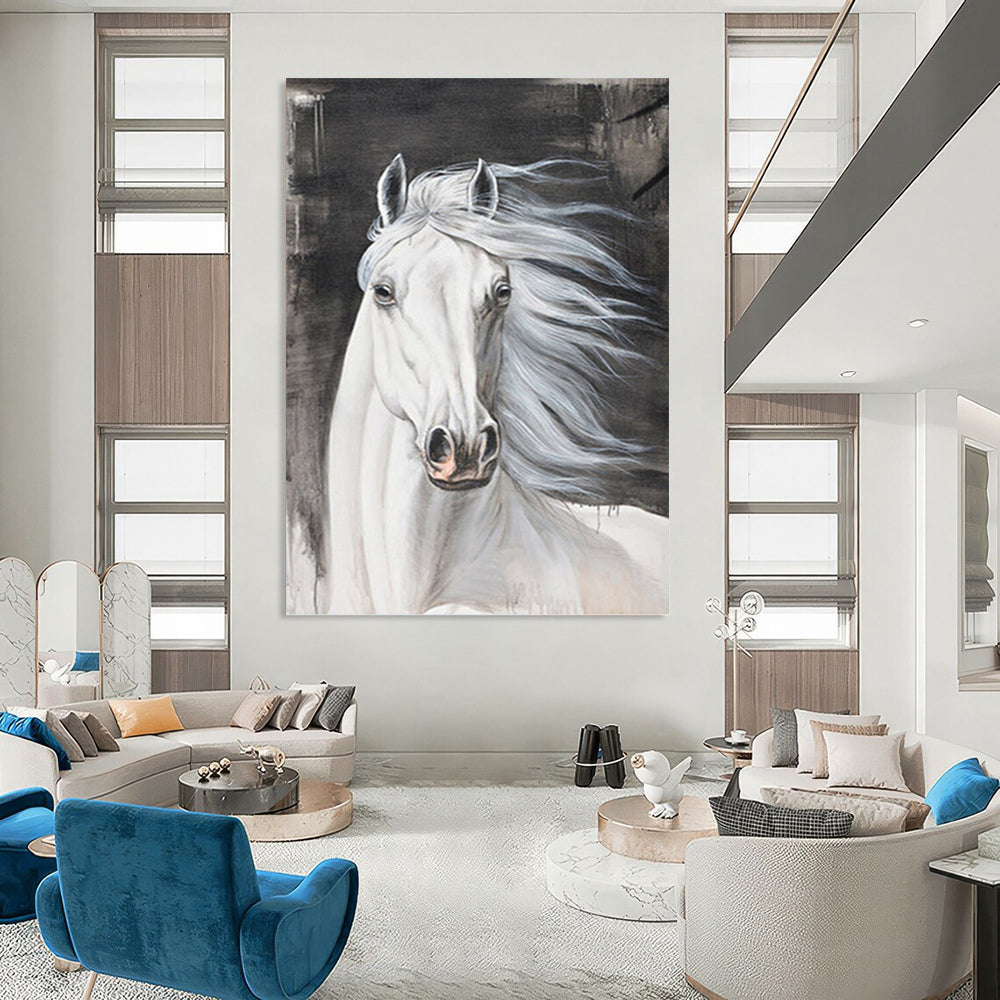 “Majestic Steed” - White Horse with Gray Background Realistic Painting On Canvas DKH1529