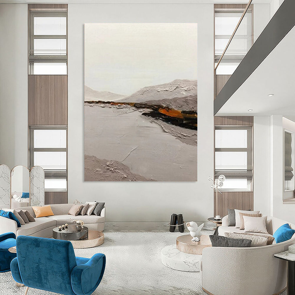 “Gray, Orange Textured Landscape ‘Misty Valley’” - Impasto Landscape Painting On Canvas DTP401
