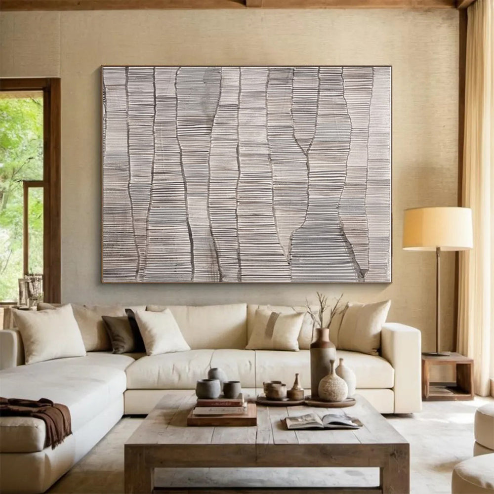 Gray - White Wavy Lines, “Rippled Stillness” - Minimalist Abstract Acrylic Painting CT0719