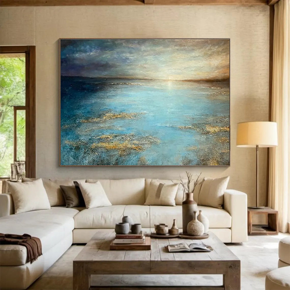 “Golden - Hued Blue Sea and Sky” - Impressionistic Seascape Painting On Canvas DKH771