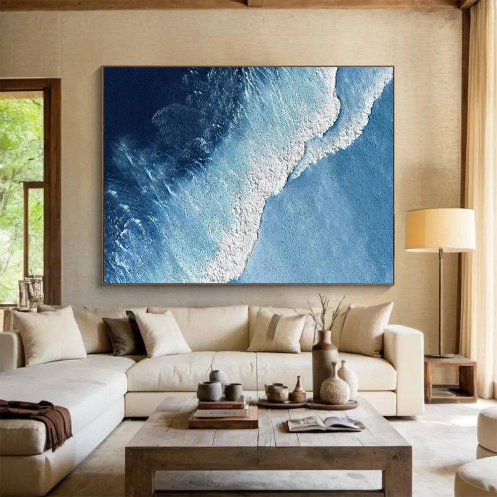 “Aerial Ocean View” - Deep Blue & White Wave Abstract Painting On Canvas DLZ256