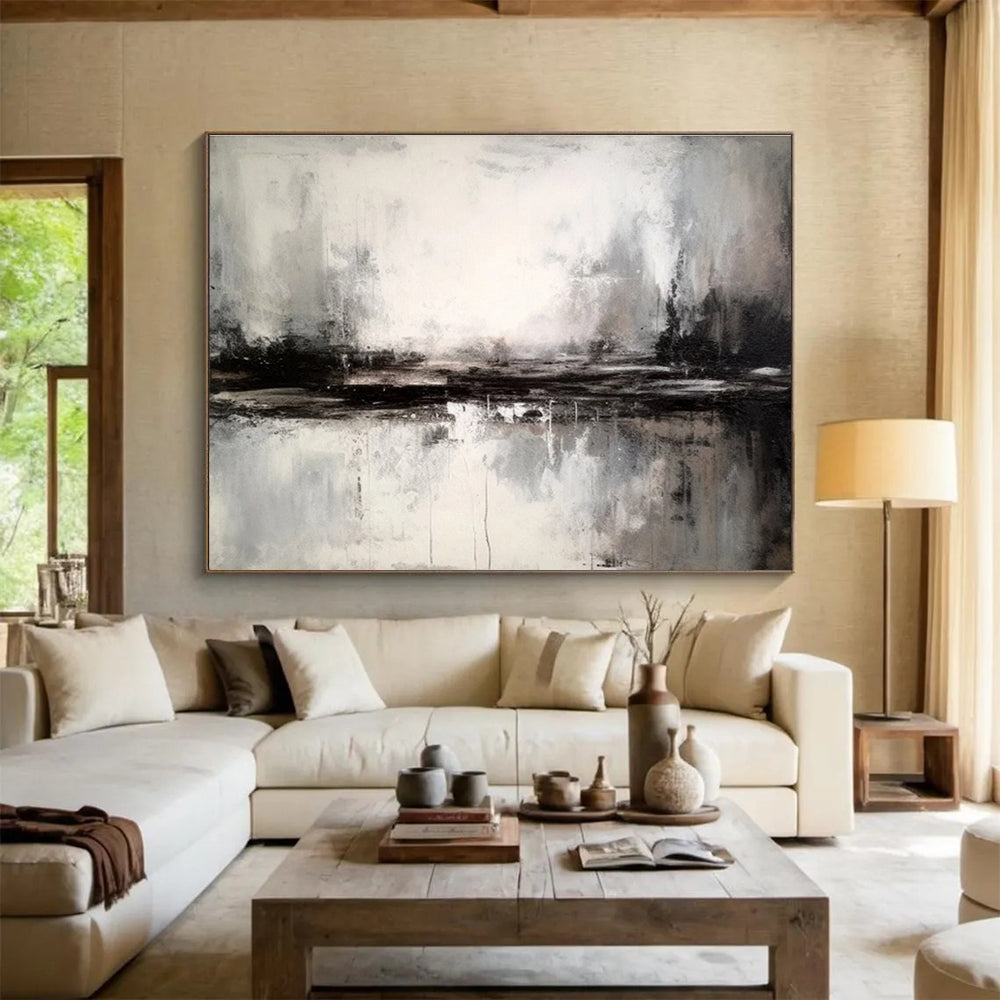 Black and White Abstract Landscape “Moody Monochrome Horizon” Painting On Canvas DKH153
