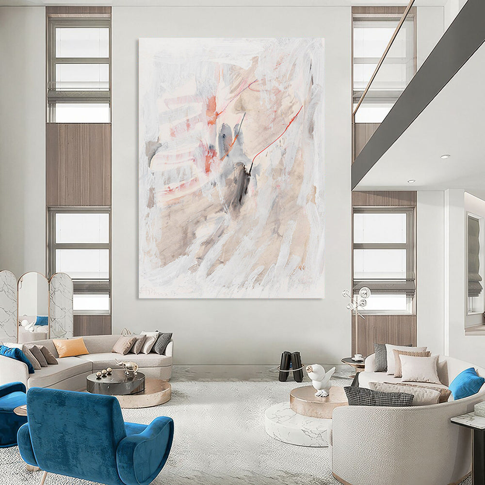 “Subtle Whispers” - White, Gray, Pink & Blue Abstract Washes Painting On Canvas DKH1530