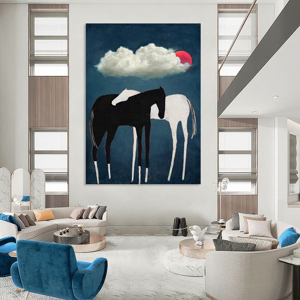 Black and White Horses Under Red Moon and Cloud - Equine Painting On Canvas DKH1418