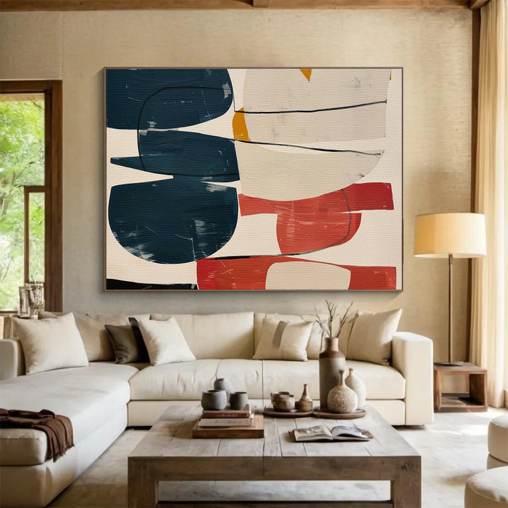 Colorful Geometric Collage with Blue, Red, and Beige, Abstract Modernist Painting On Canvas DKH590