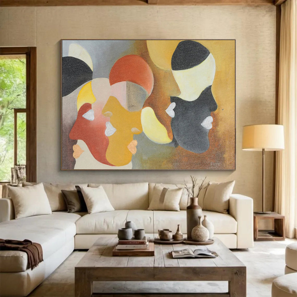 “Geometric Faces in Muted Hues - Reds, Yellows, and Blacks” Painting On Canvas DKH003