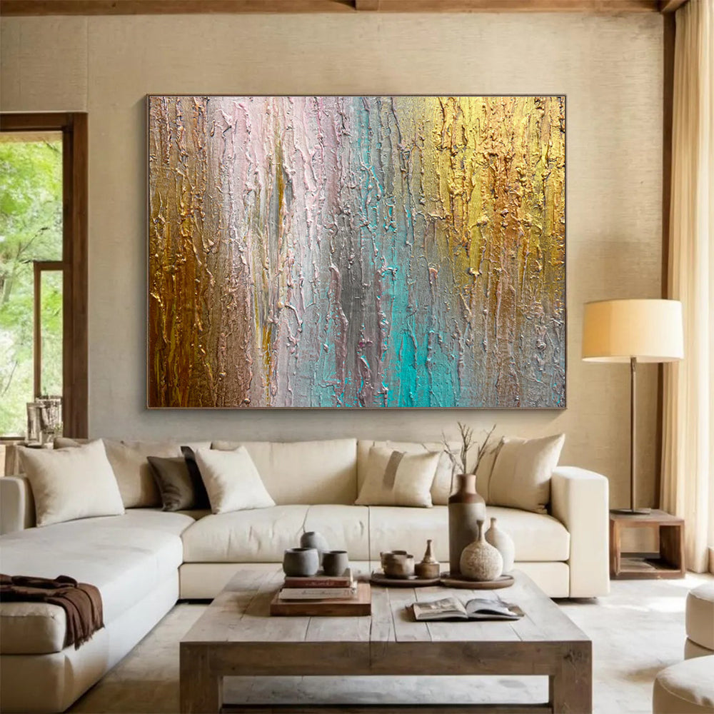 Colorful Textured Streaks - Gold, Blue & Pink Abstract Painting On Canvas DKH916