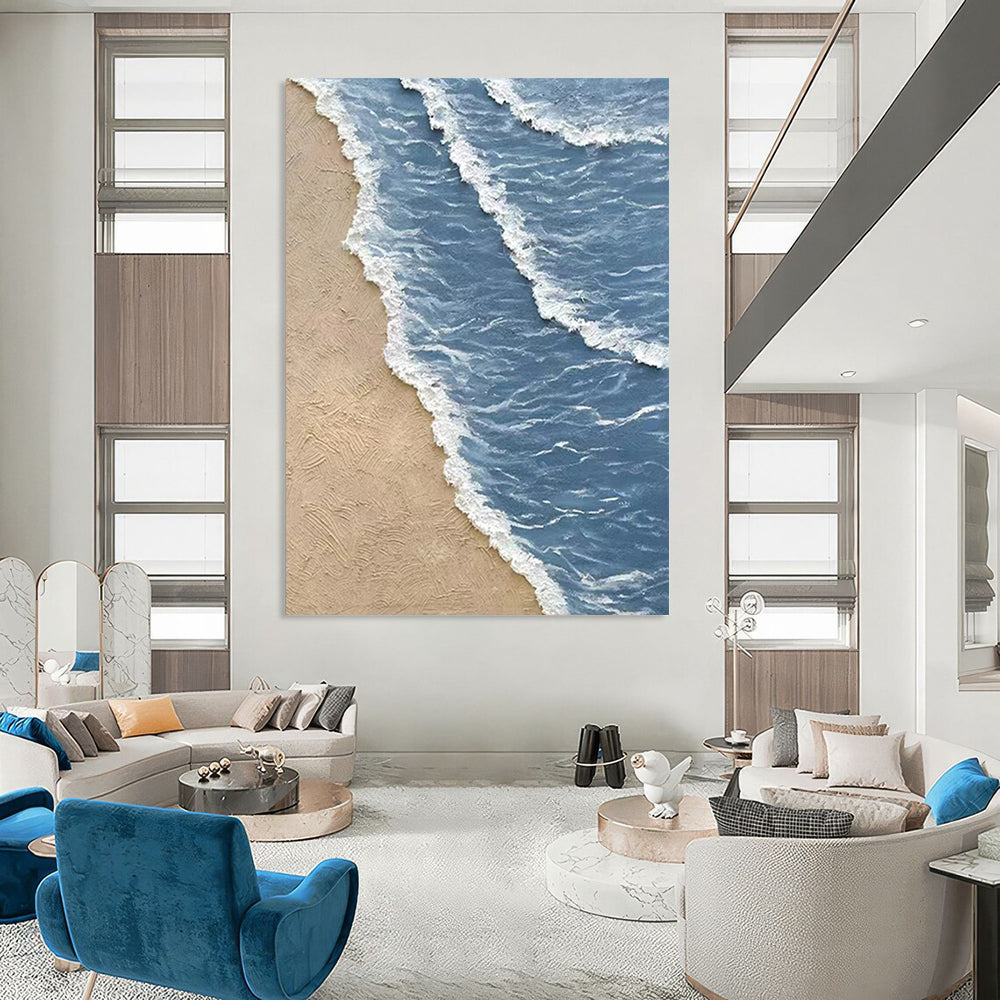 “Blue, White, Beige Textured Shore ‘Serene Coastline’” - Impasto Beach Painting On Canvas DTP333