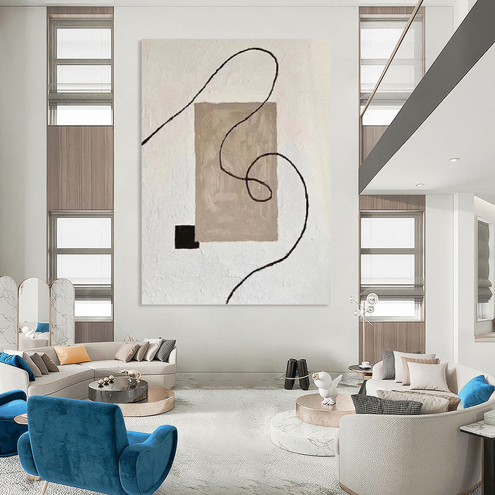 Minimalist Beige, Black, and Line Abstract - Abstract Painting On Canvas DKH1327