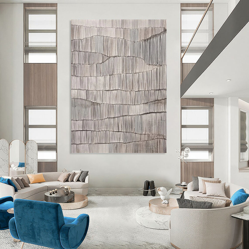 “Repetitive Gray Ridges” - Gray & White Minimalist Textured Painting On Canvas DKH1034