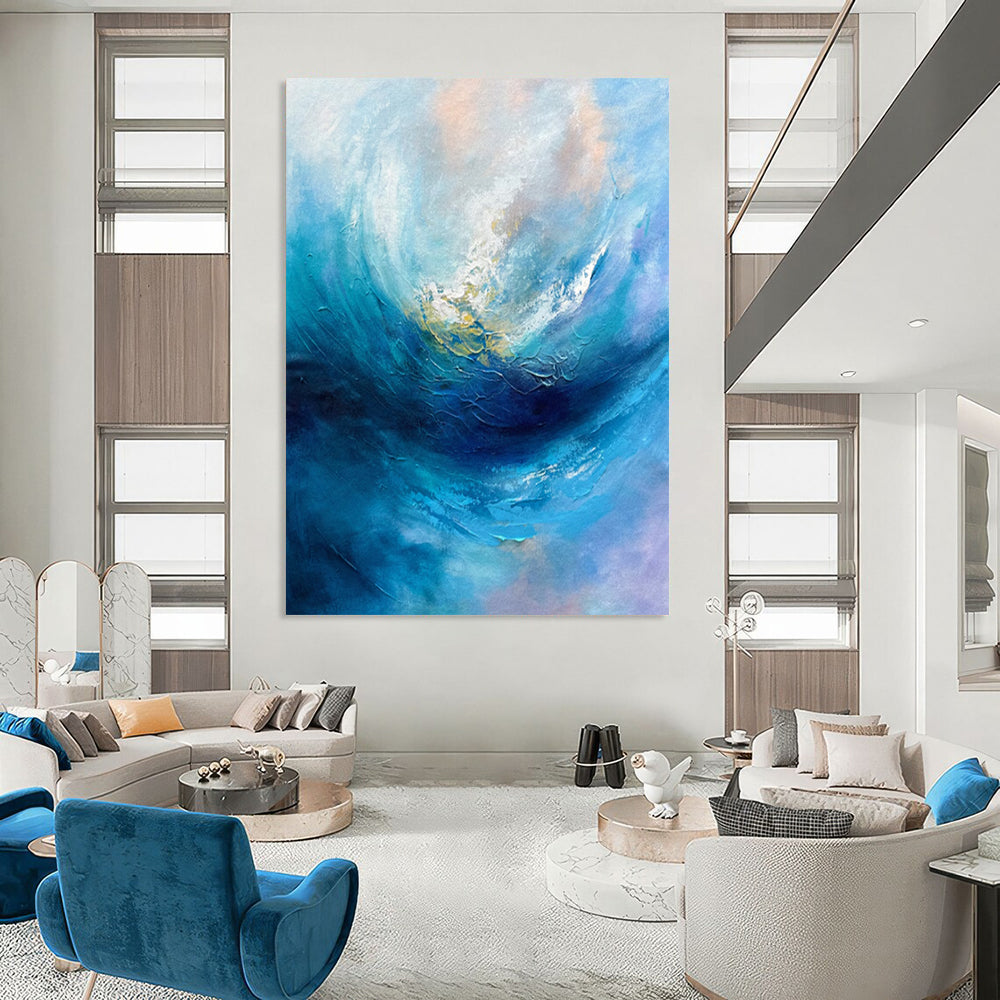 “Blue Abstract Wave” - Blue & White Abstract Painting On Canvas CT2250