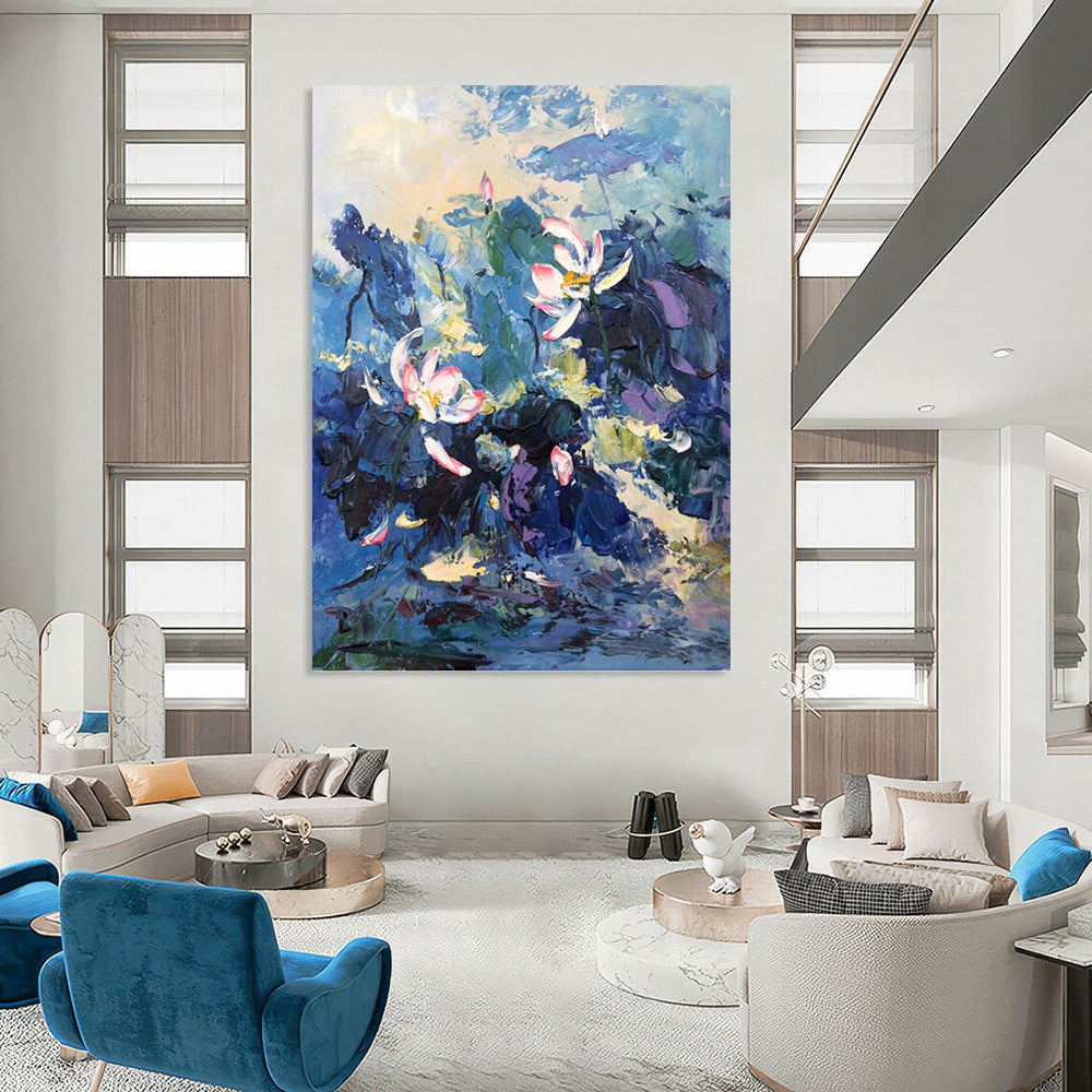 Impasto Lotus in Blue Hues - Impressionistic Floral Painting On Canvas DKH1298