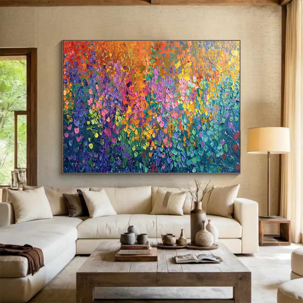 “Rainbow Confetti Burst” - Multicolor, Dotted Abstract Expressionist Painting On Canvas DKH702