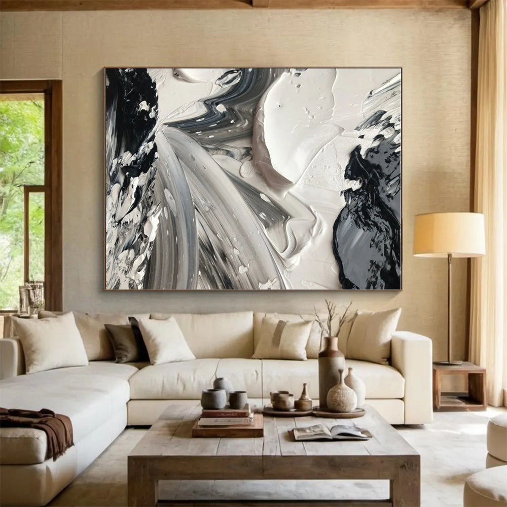 Dynamic Black - White - Gray Swirls, "Whirling Contrasts" - Abstract Acrylic Painting CT0713