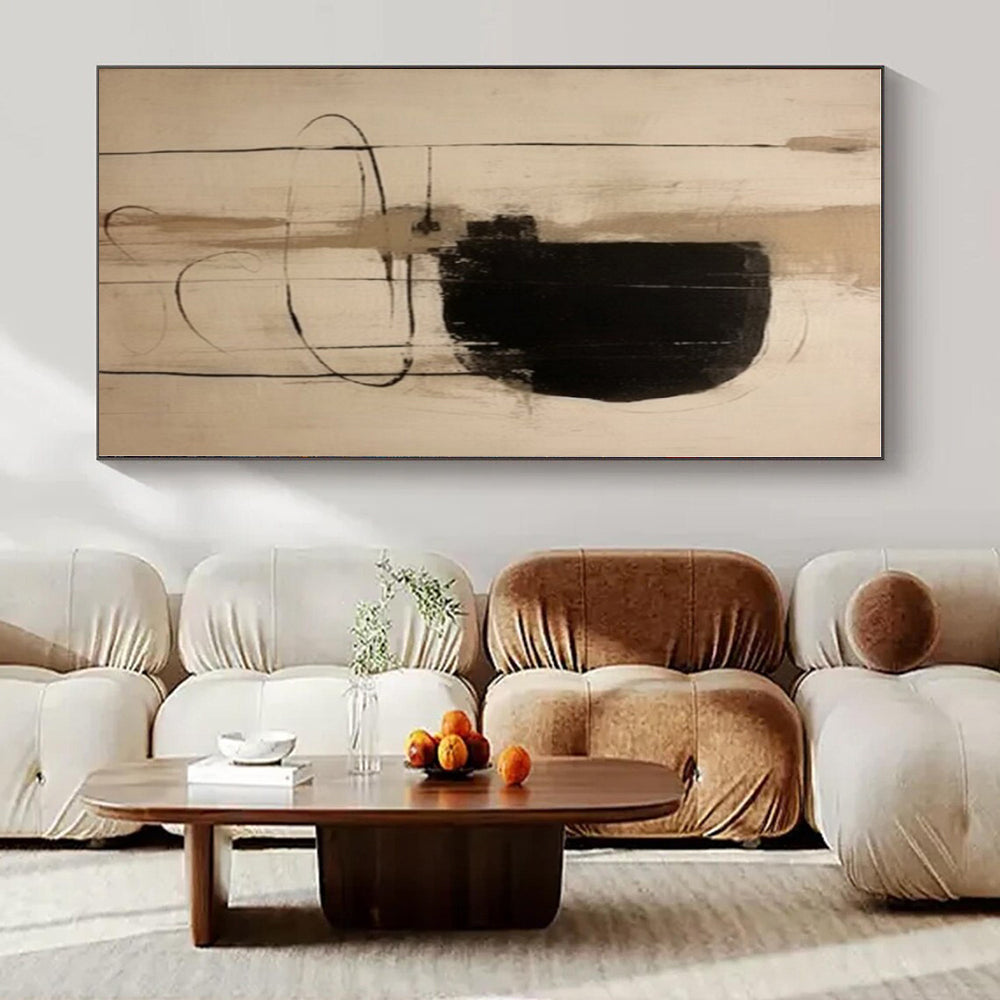 Minimalist Black & Beige Lines - Abstract Expressionist Ink & Acrylic CT1290