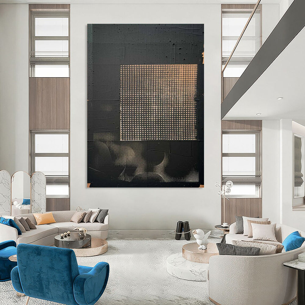 “Black - Gold Grid Abstract” - Black, Gold, Gray Minimalist Abstract Painting On Canvas DTP306