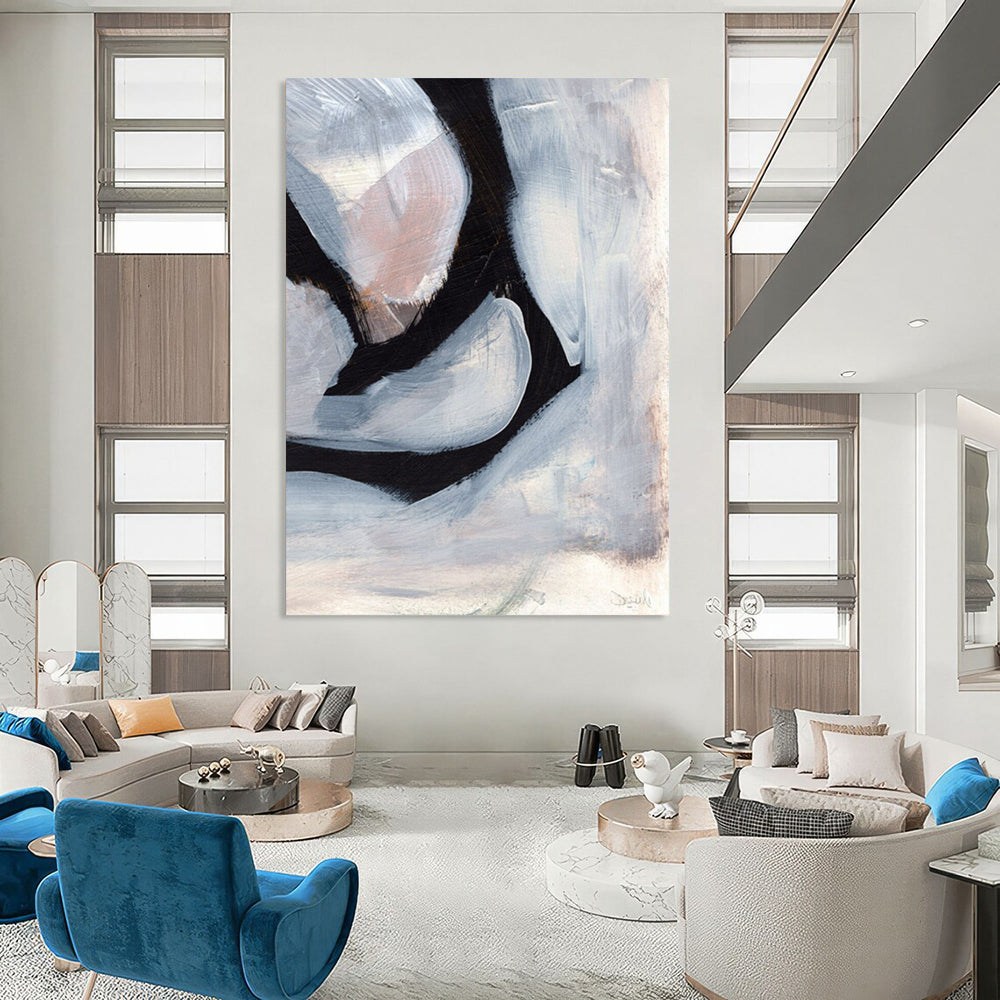 “Black & White Abstract Shapes” - Black, White Abstract Painting On Canvas DTP228