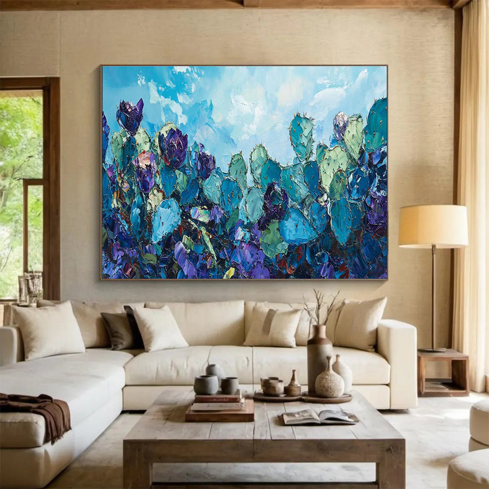 “Blue Cactus Field” - Vibrant Desert Painting On Canvas DKH827