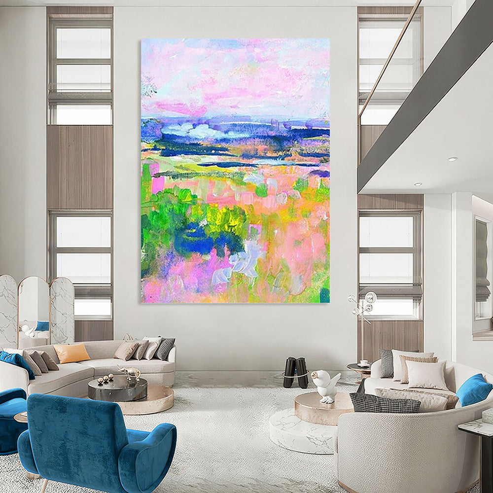 “Colorful Pastel Landscape” - Pink, Purple & Green Impressionistic Painting On Canvas DKH0934