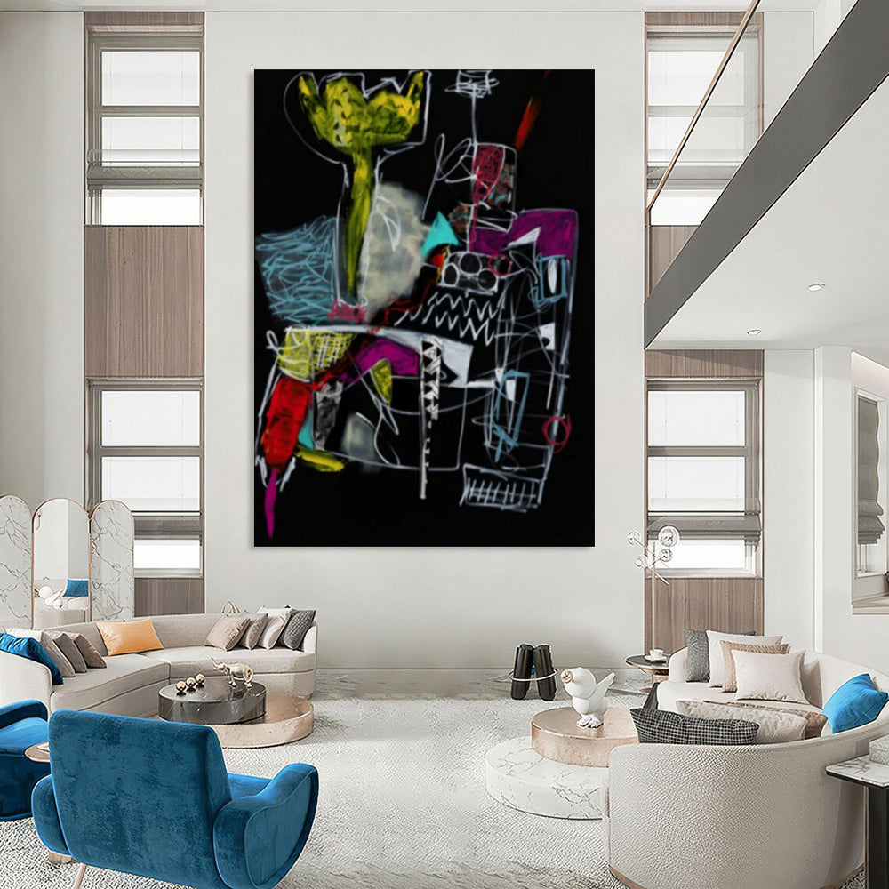 “Dark Abstract Sketch” - Neon, White, Black Expressive Drawing Painting On Canvas DTP294
